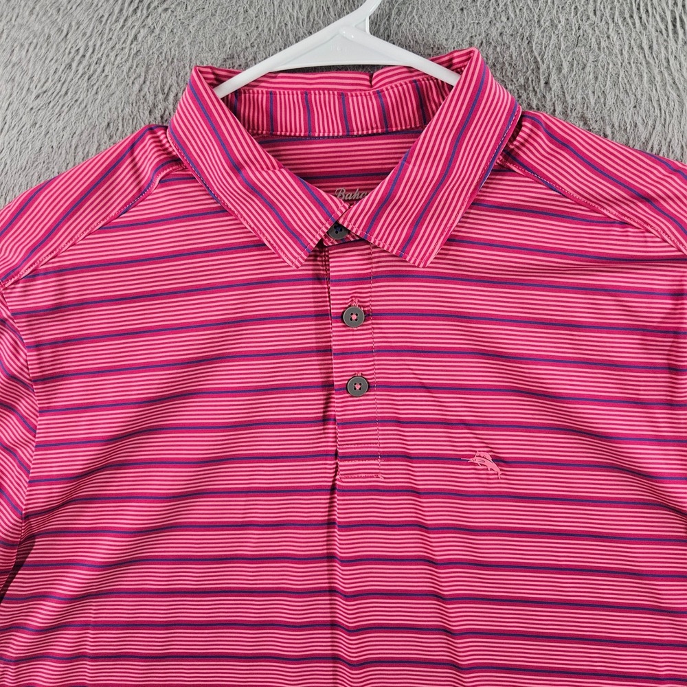 Tommy‎ Bahama IslandZone Mens Medium Pink Blue Striped Brrr Cooling Polo Shirt